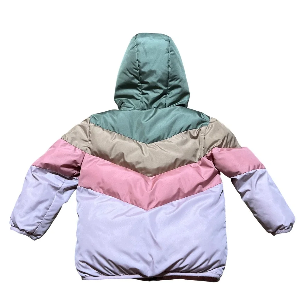 Swiss Tech Kids Girls 4T Puffer Jacket Pink Green Tan Lined Hooded Winter Coat‎